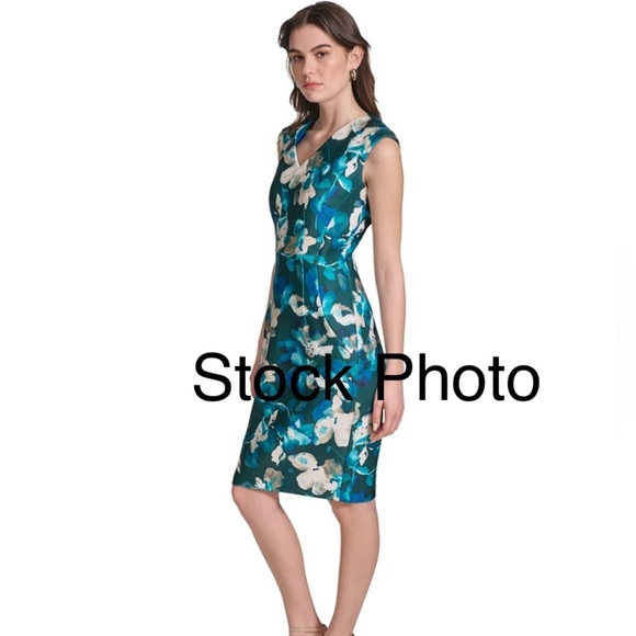 NWOT Calvin Klein Tropical Blue & Pink Floral Satin sleeveless midi dress. Small - Picture 3 of 10